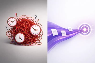 Tangled clocks versus streamlined documents targeting improved deal velocity and commercial impact of contract review.