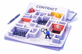 Illustration of a contract designed as a maze with warning signs and small print, symbolizing hidden risks and unfavorable terms in staffing agency MSAs.