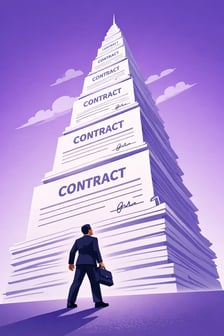 Business professional looking up at a towering stack of contracts, representing complex and burdensome MSA terms for staffing agencies.
