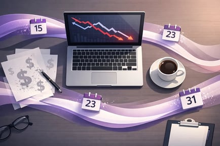 Laptop displaying declining revenue chart surrounded by calendar dates and dollar symbols, illustrating contract review ROI and revenue leakage risk.