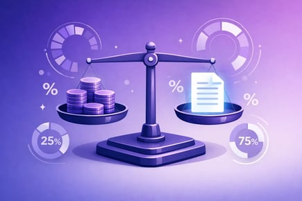 Scales balancing contract terms and stacked coins, illustrating margin protection and contract review ROI.