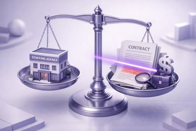 Balance scale weighing a staffing agency against contract terms and financial risk, symbolizing how MSAs impact margins.