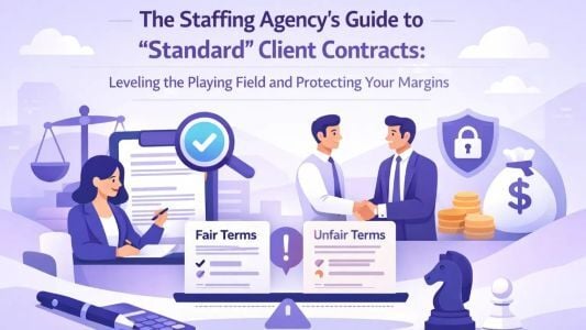 Illustration of a staffing agency reviewing “standard” client contract terms, highlighting fair vs. unfair MSA clauses that impact margins, payment terms, and risk allocation.