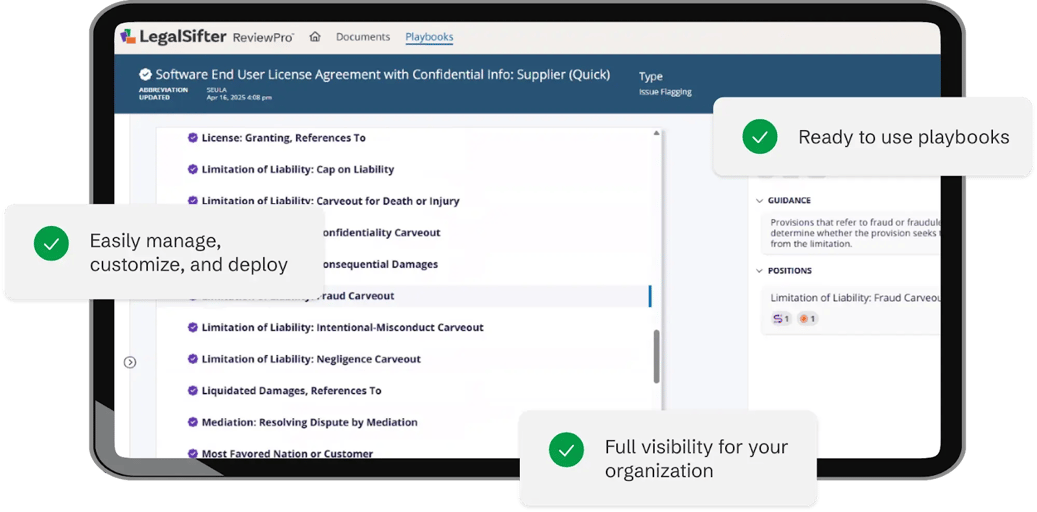 Screenshot of an AI-assisted contract review platform showing playbook guidance, issue flagging, and automated clause analysis with notes on easy management, deployment, and full visibility for organizations