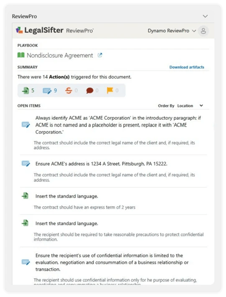 ReviewPro dashboard view showing playbook alignment suggestions in AI contract review.