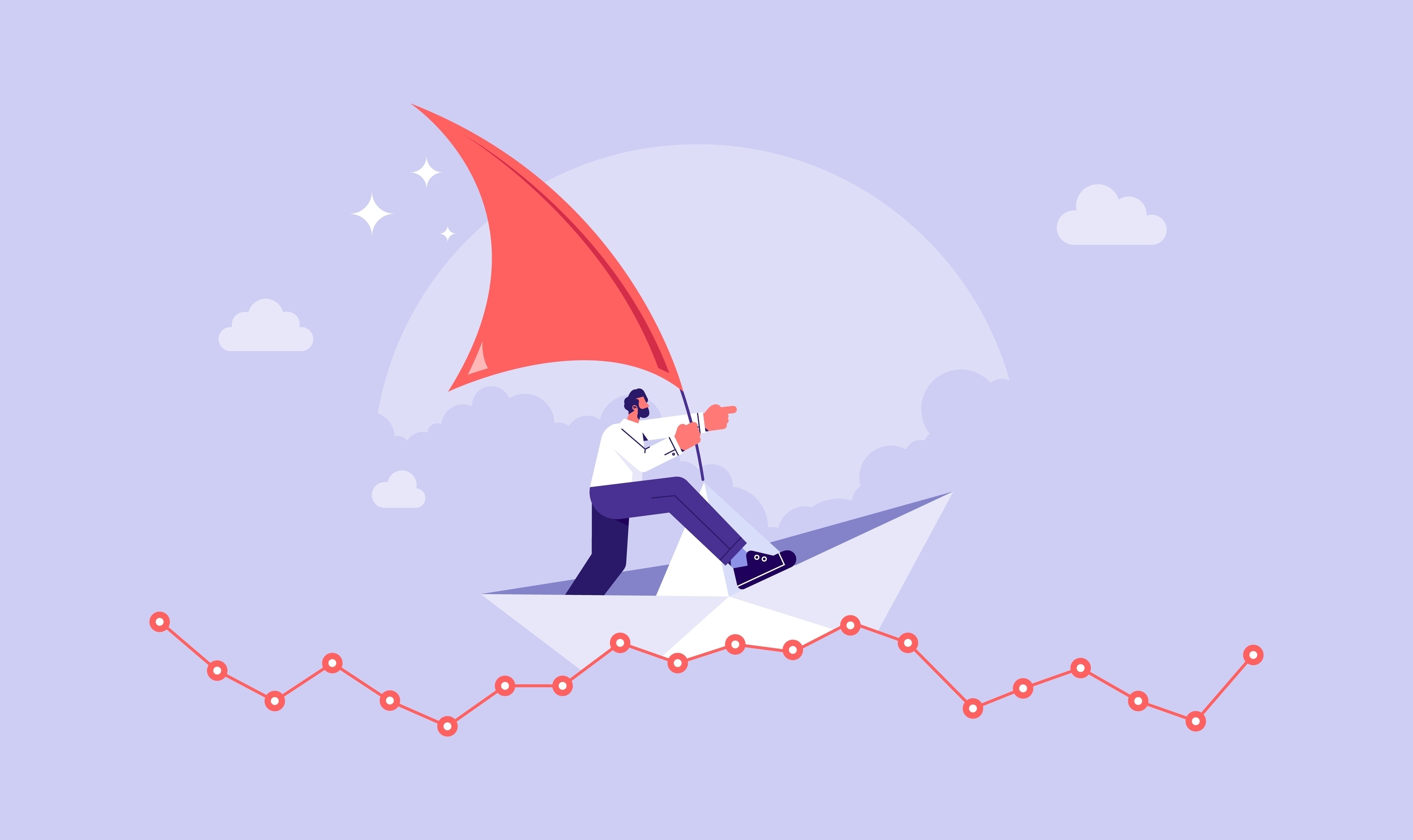 Illustration of a professional steering a paper boat over a volatile graph, representing contract risk clauses and how AI contract review helps manage business risk.