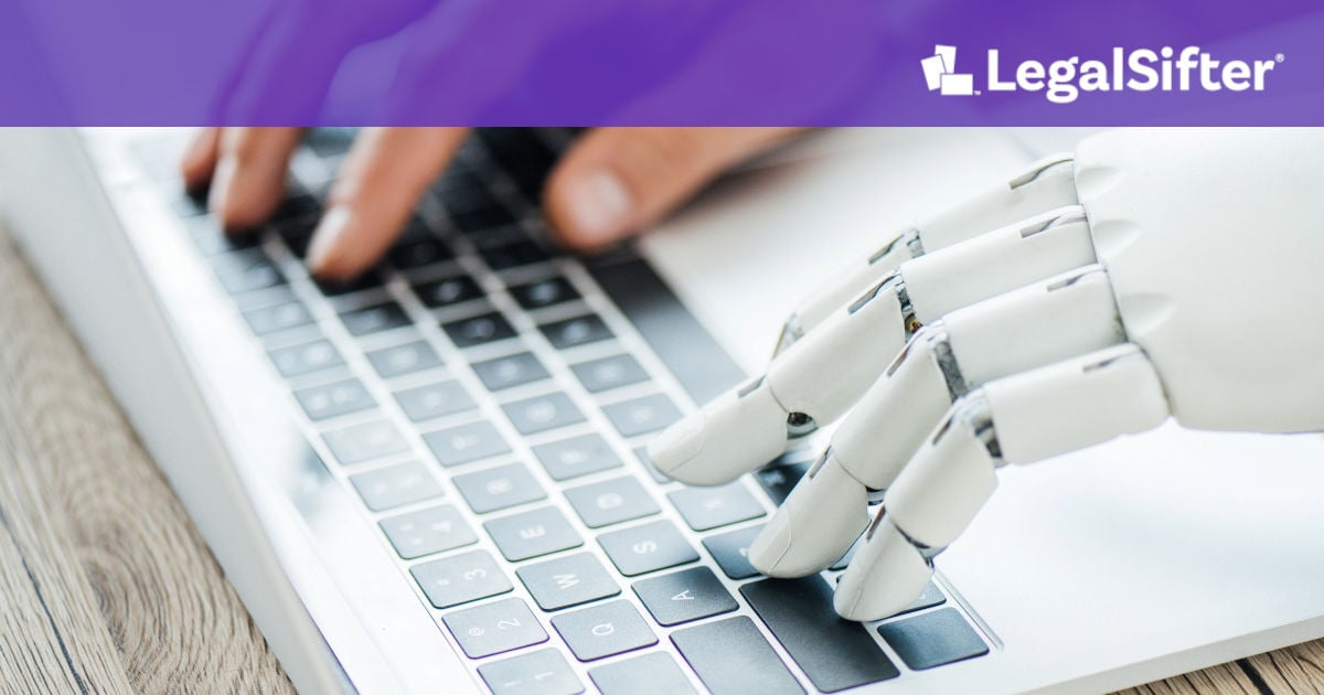 robot hand and human hand use laptop for AI-assisted contract review