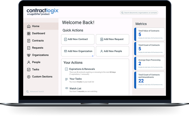 Contract Logix automated contract management platform on a MacBook Air