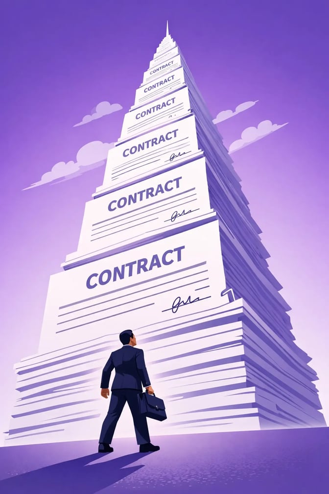 Business professional looking up at a towering stack of contracts, representing complex and burdensome MSA terms for staffing agencies.