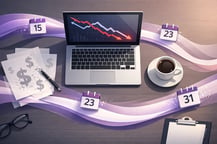 Laptop displaying declining revenue chart surrounded by calendar dates and dollar symbols, illustrating contract review ROI and revenue leakage risk.