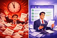 Split illustration showing overwhelmed contract review on one side and streamlined AI-powered contract analysis on the other.