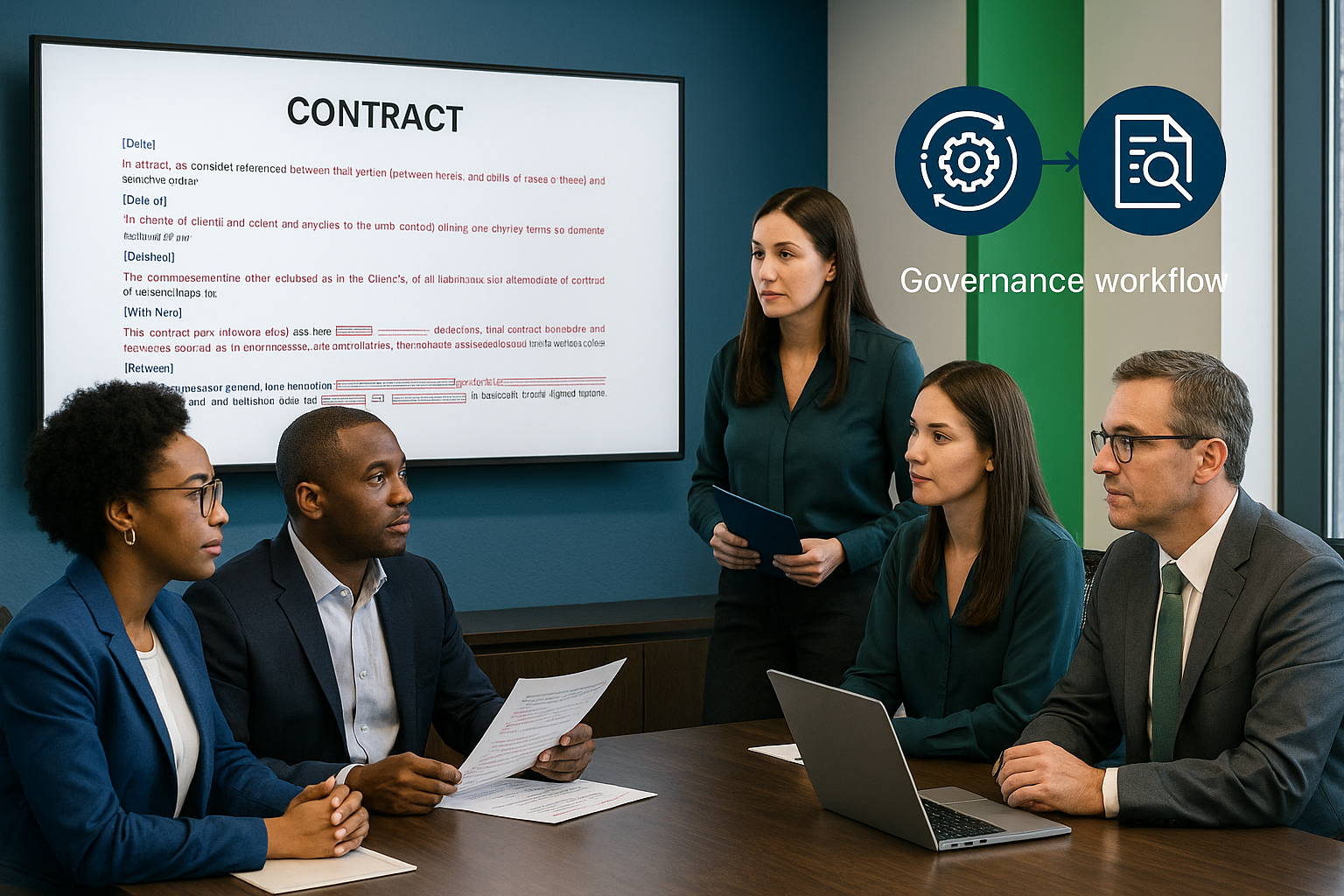 Legal and procurement team reviewing AI redlined contract with governance dashboard