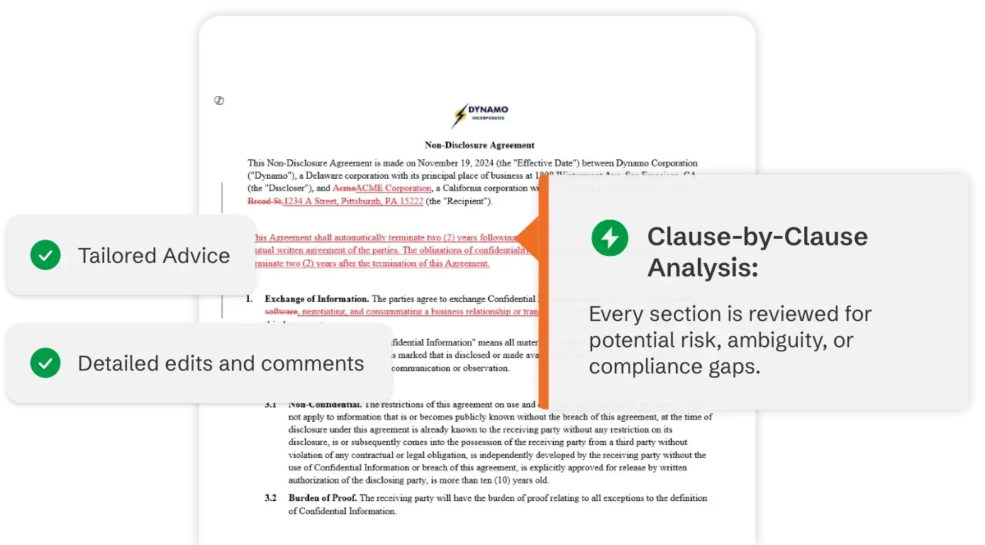 Professional-grade AI contract redlines aligned to your standards