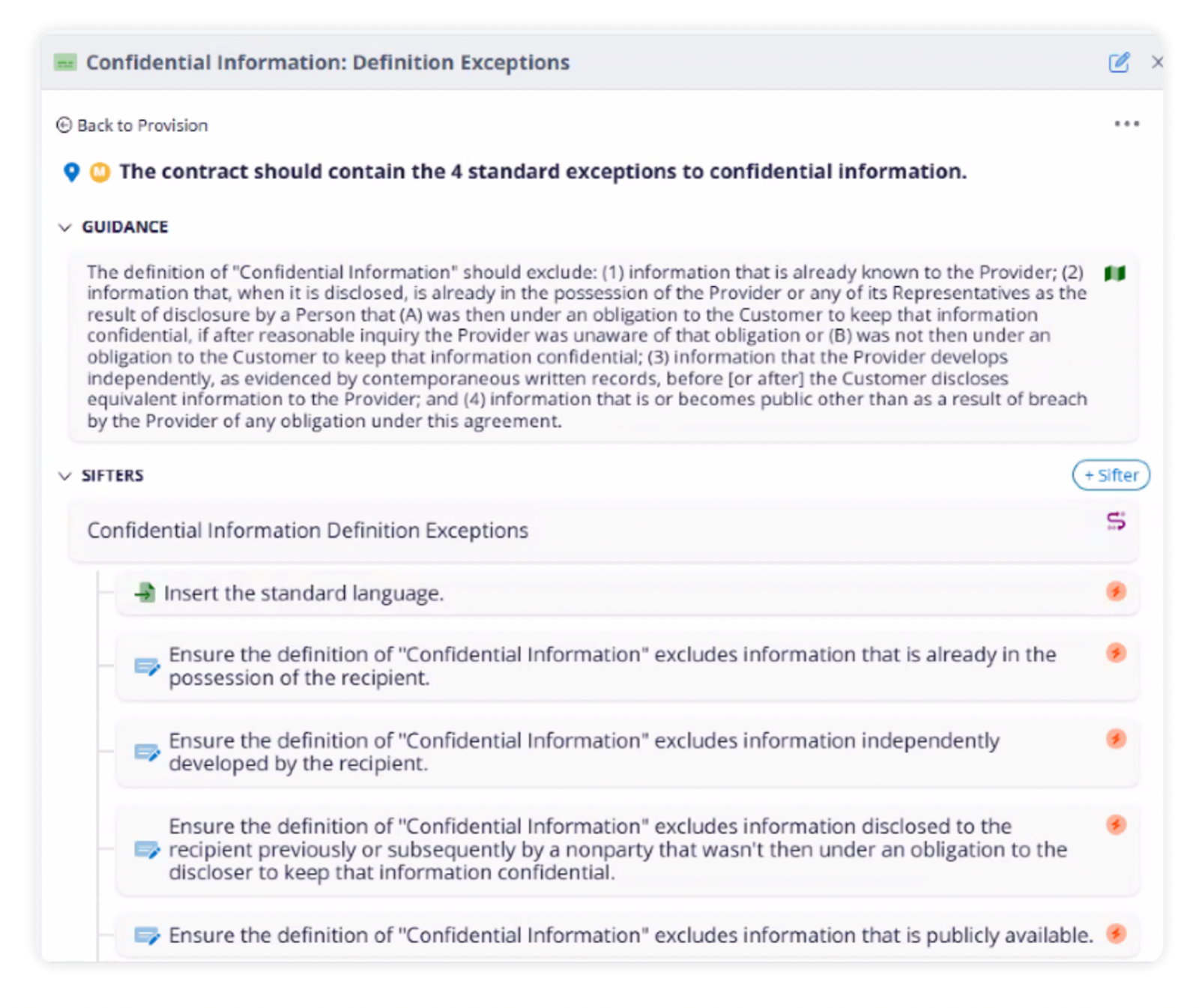 graphic shows example of “sifters” in LegalSifter ReviewPro contract review software